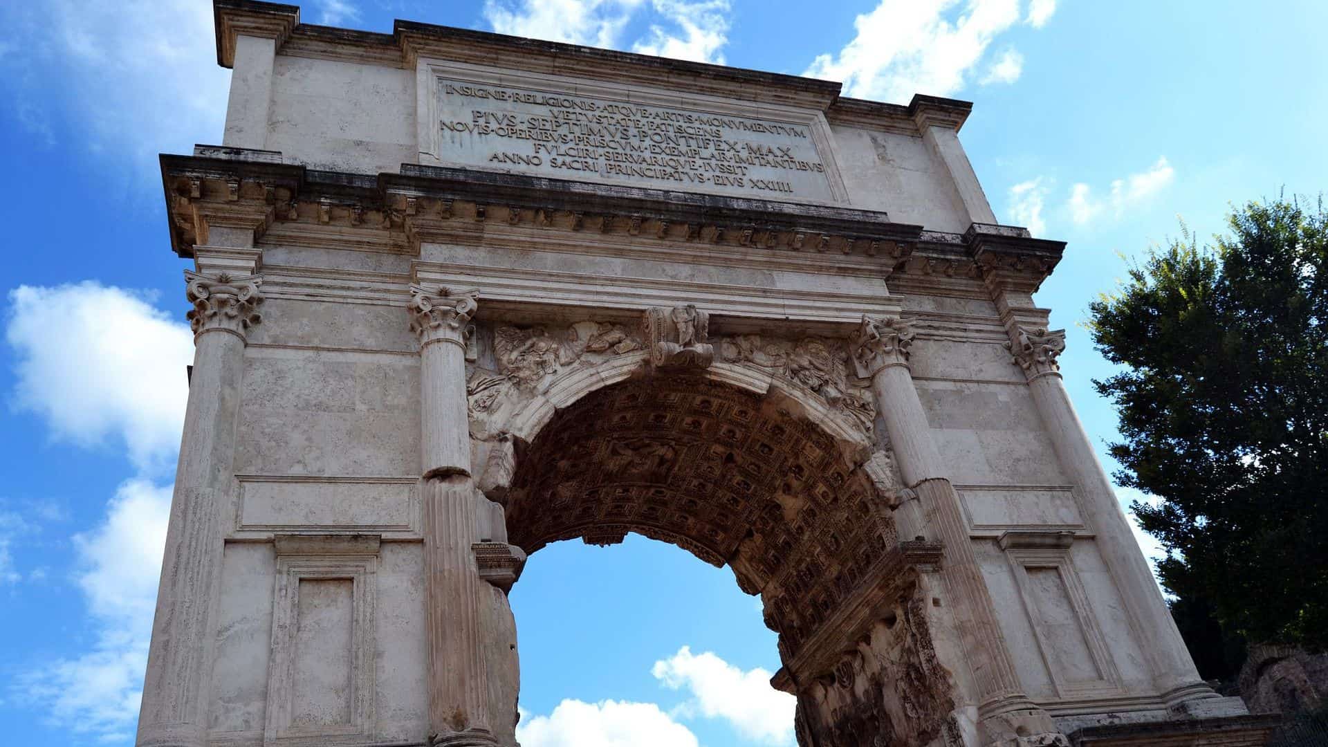 Upward shot of the Arch of Titus at the Roman Forum