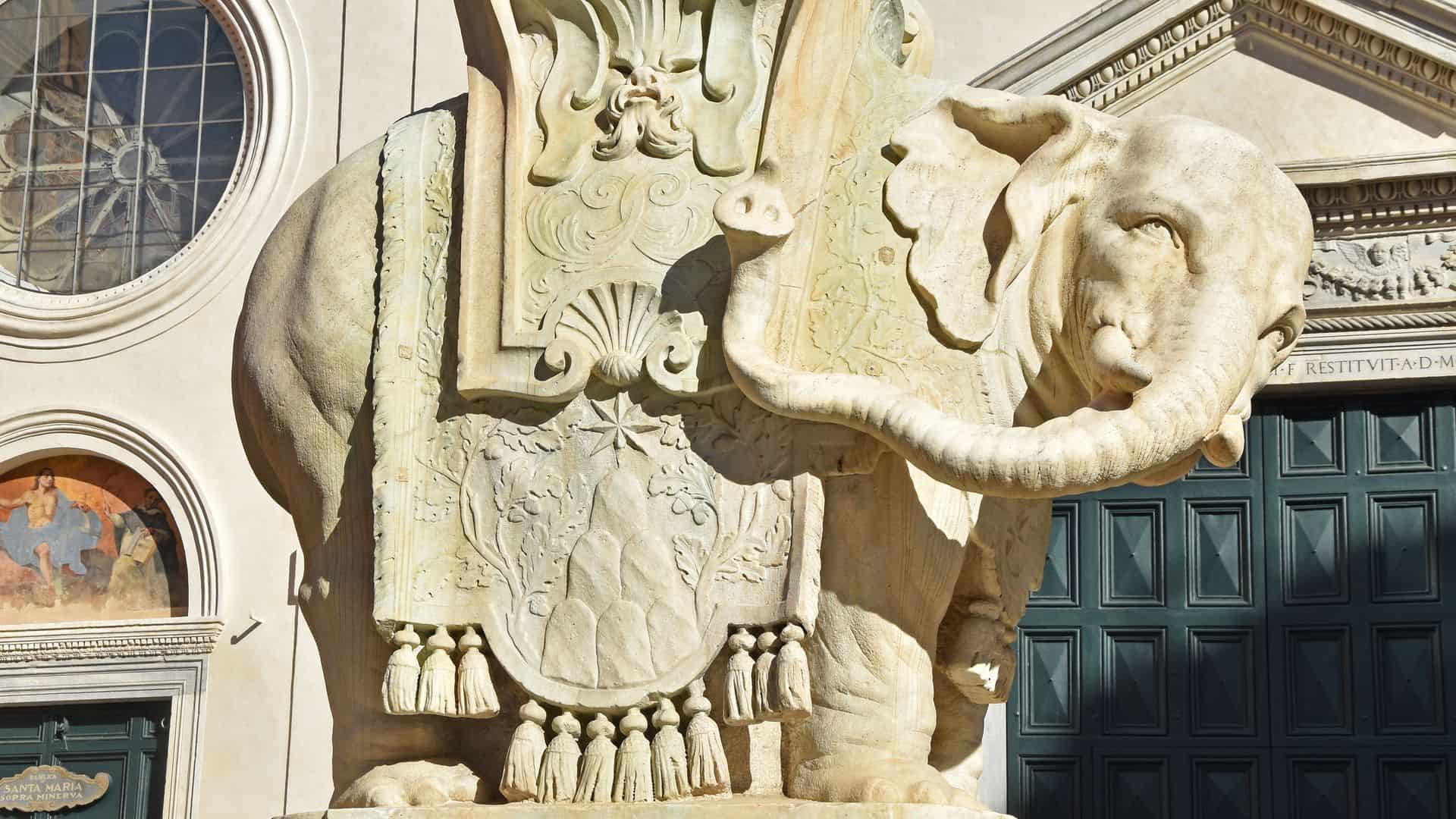 A close-up of Bernini's marble elephant at Piazza della Minerva.