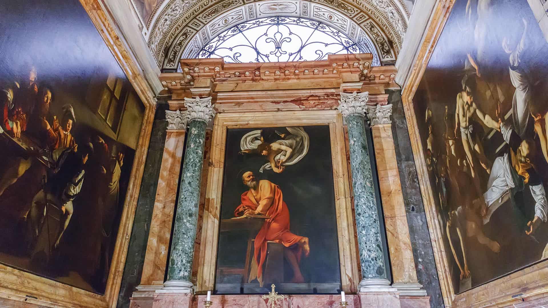 Three Caravaggio paintings in San Luigi de Francesi church.