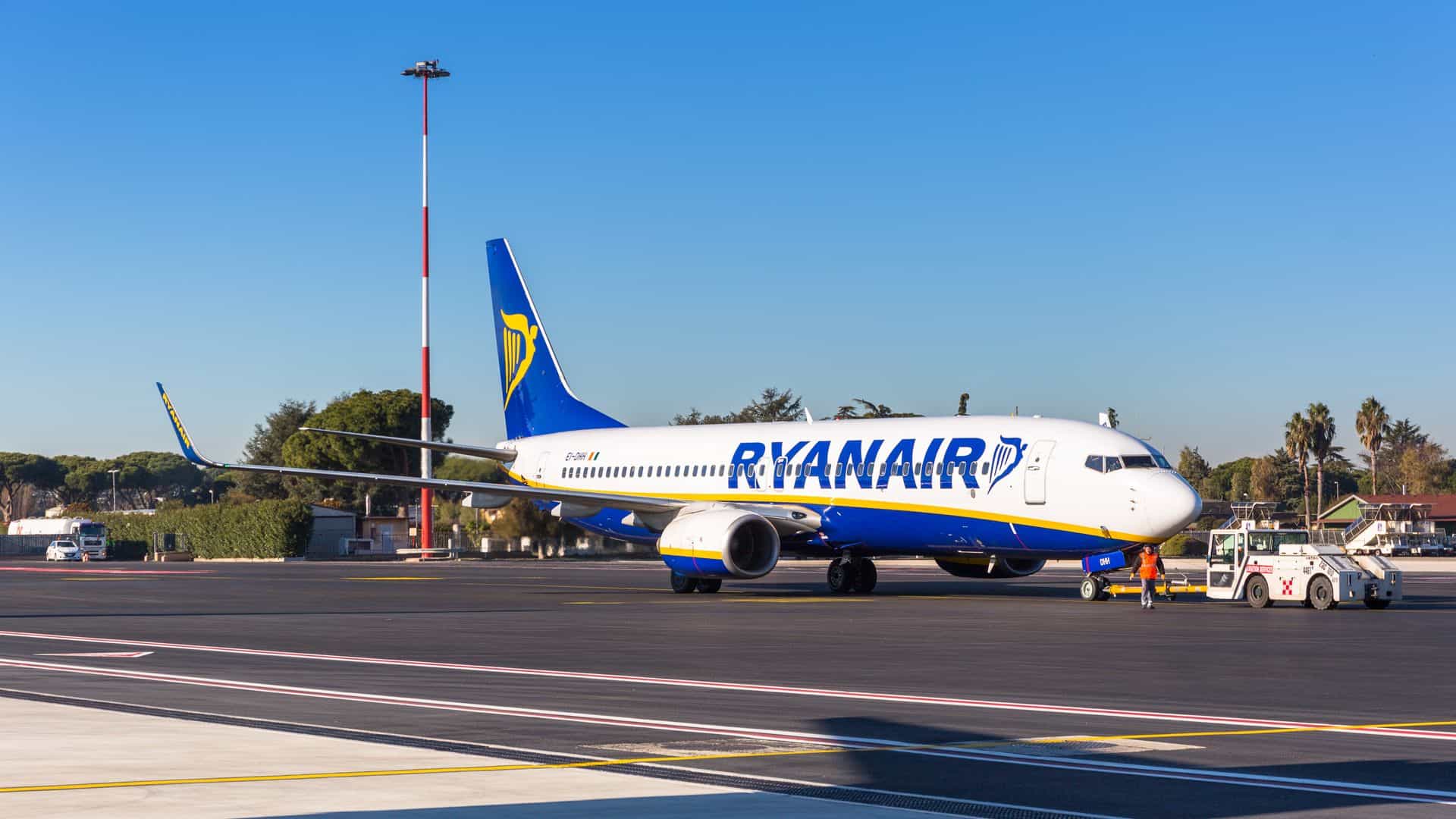 A Ryanair plane on the tarmac at Ciampino Airport.