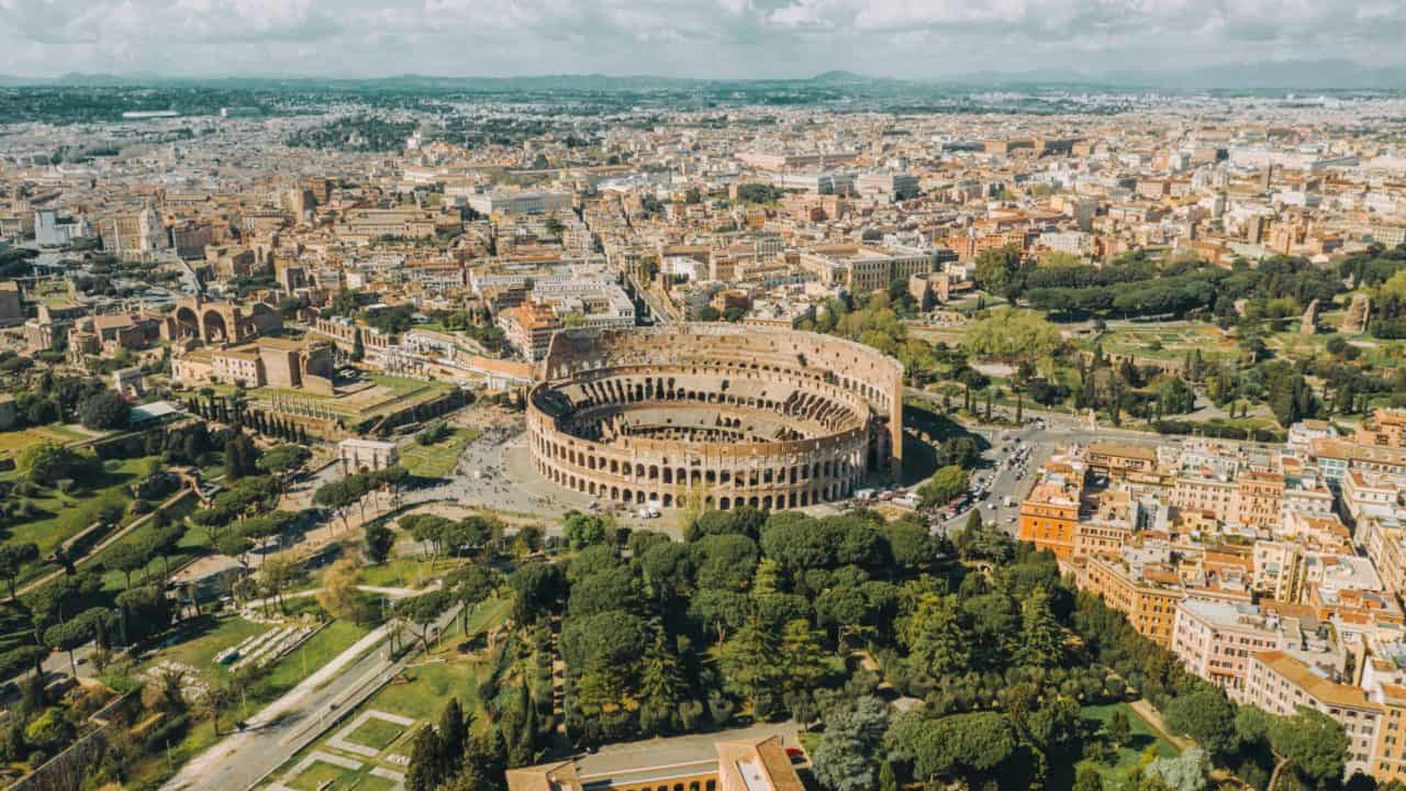 Aerial shot of the Roman Colosseum.