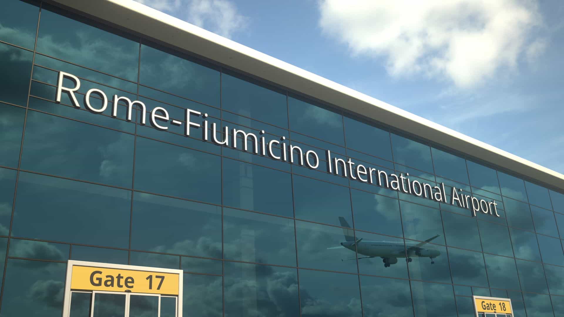 The exterior of Fiumicino Airport with the sign, reflecting a plane.