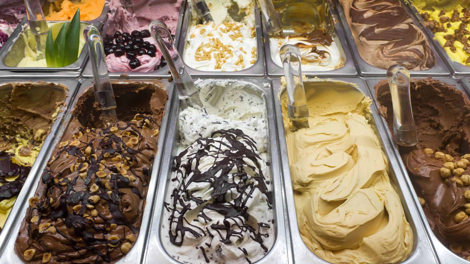 Different gelato flavours in a gelateria.