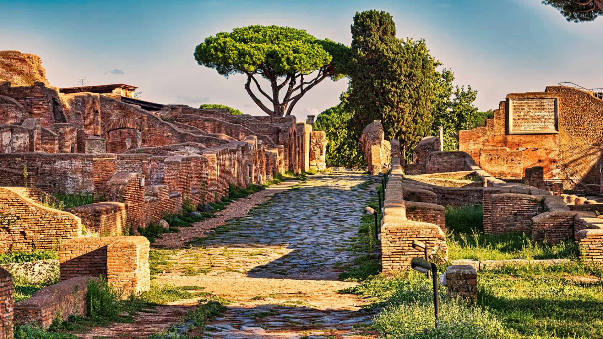 Street view of the ancient city of Ostia Antica.
