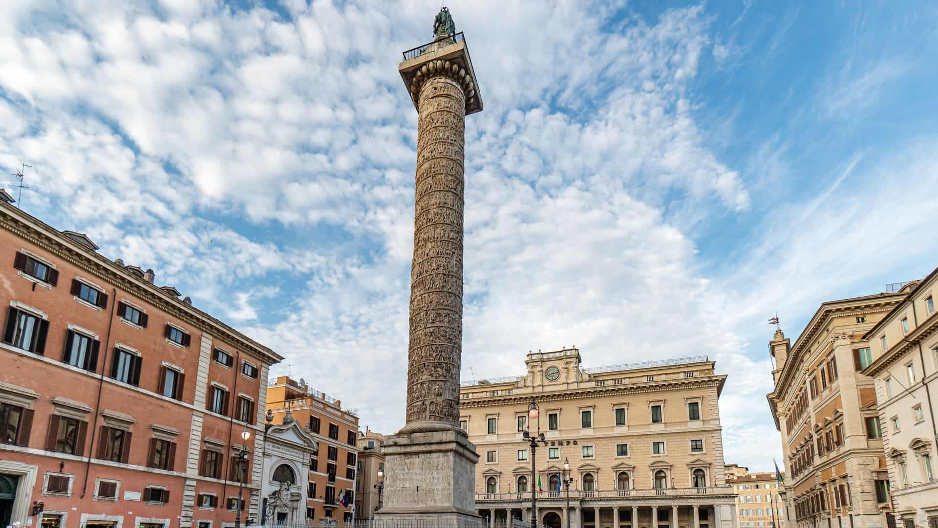 Marble Column of Marcus Aurelius in Piazza Colonna square in Rome, Italy