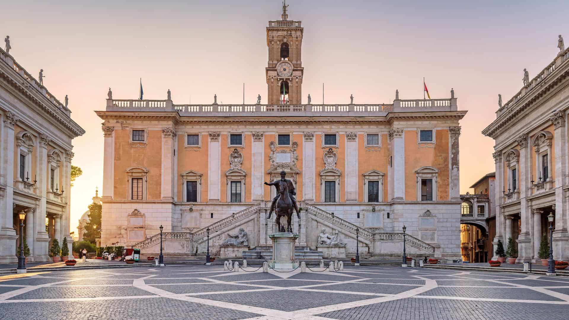 Sunrise at Piazza del Campidoglio in Rome with the statue of Marcus Aurelius in the center of the picture.