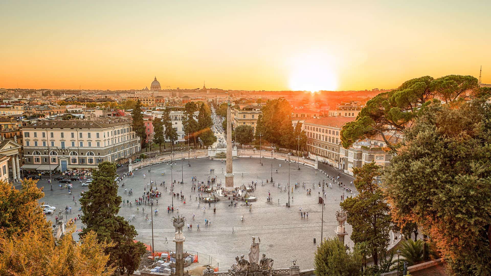 The Piazza del Popolo in Rome at sunset