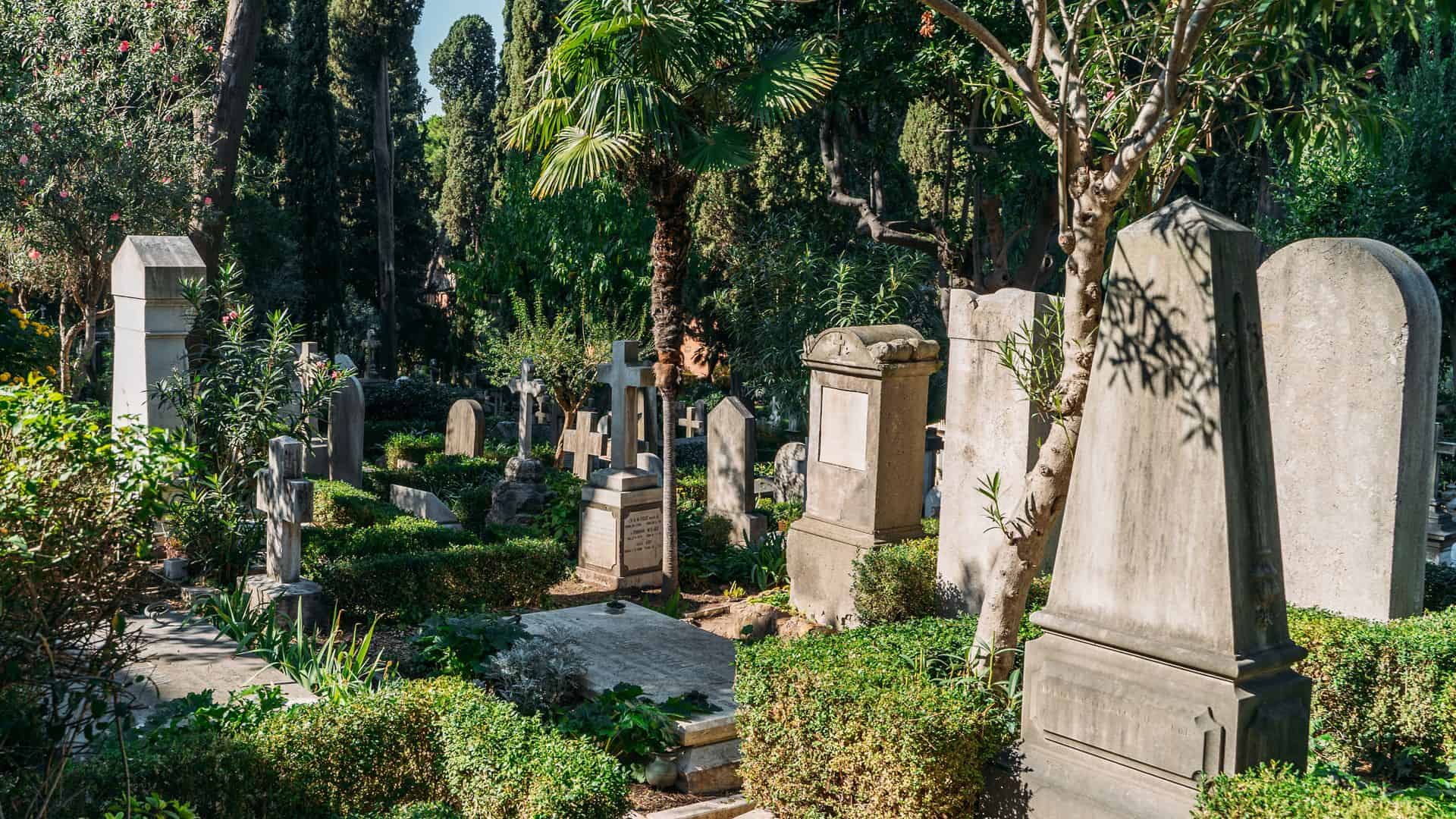 A view of the Protestant Cemetery tombstones in Rome.