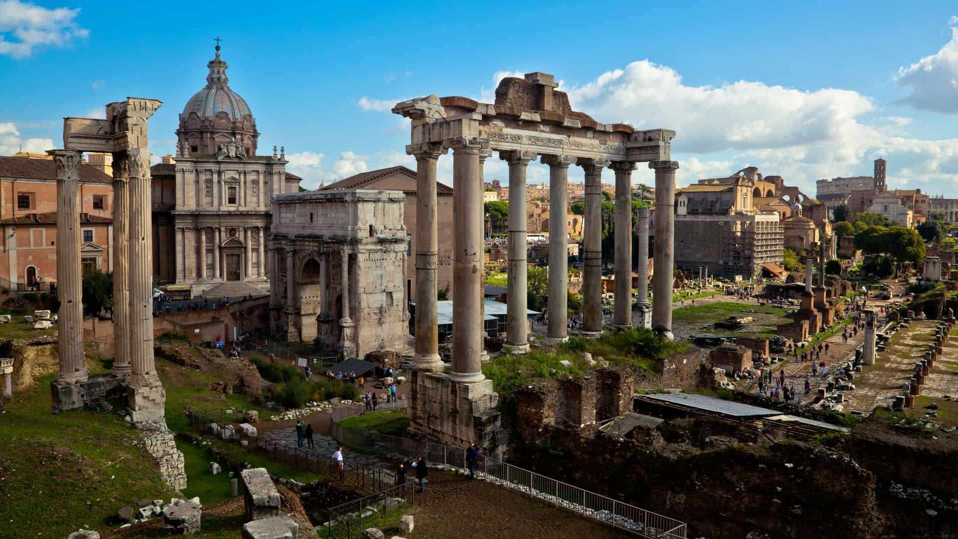 A view of the Roman Forum from above.