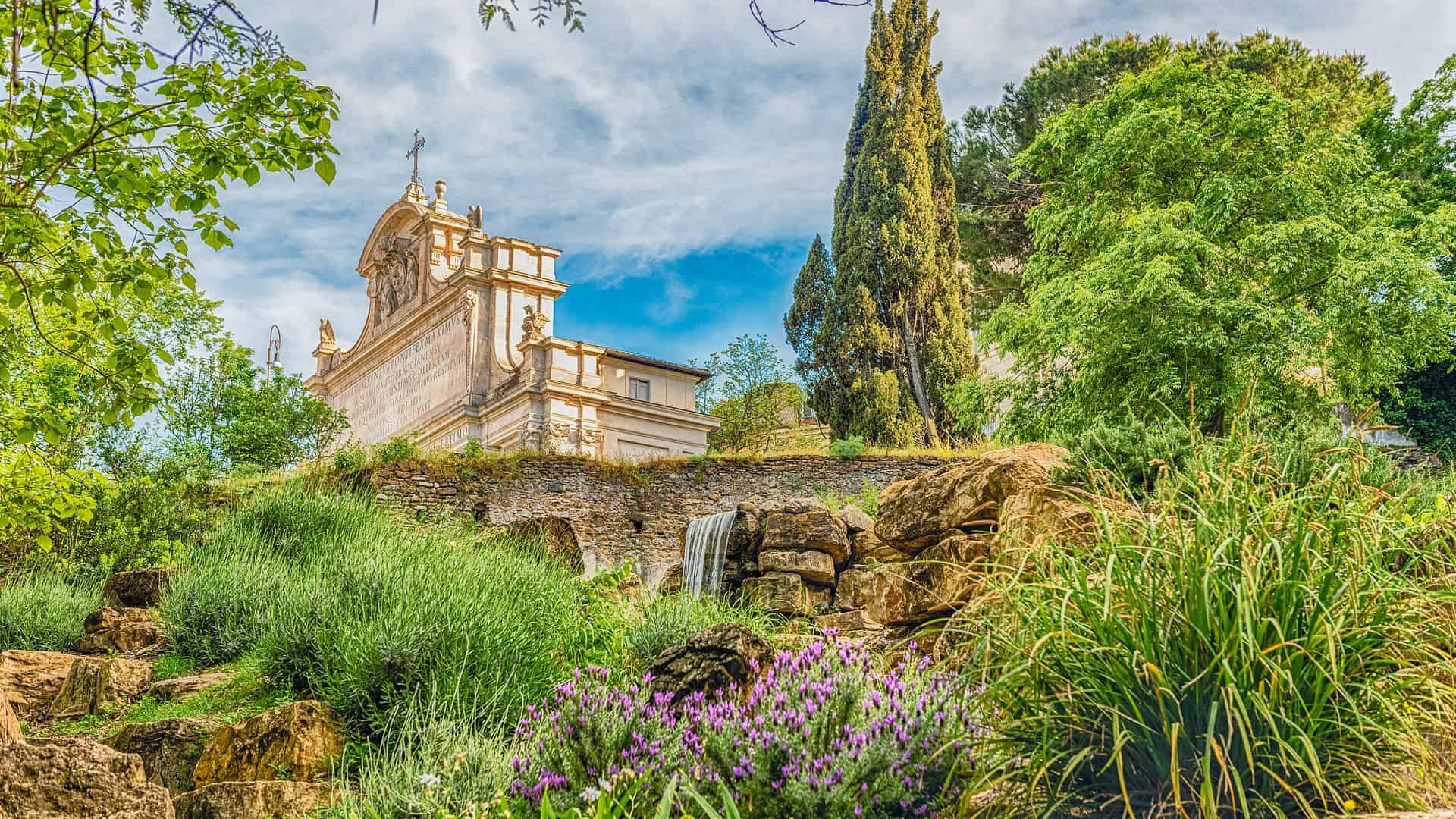 A view of a church inside Rome's botanical garden.