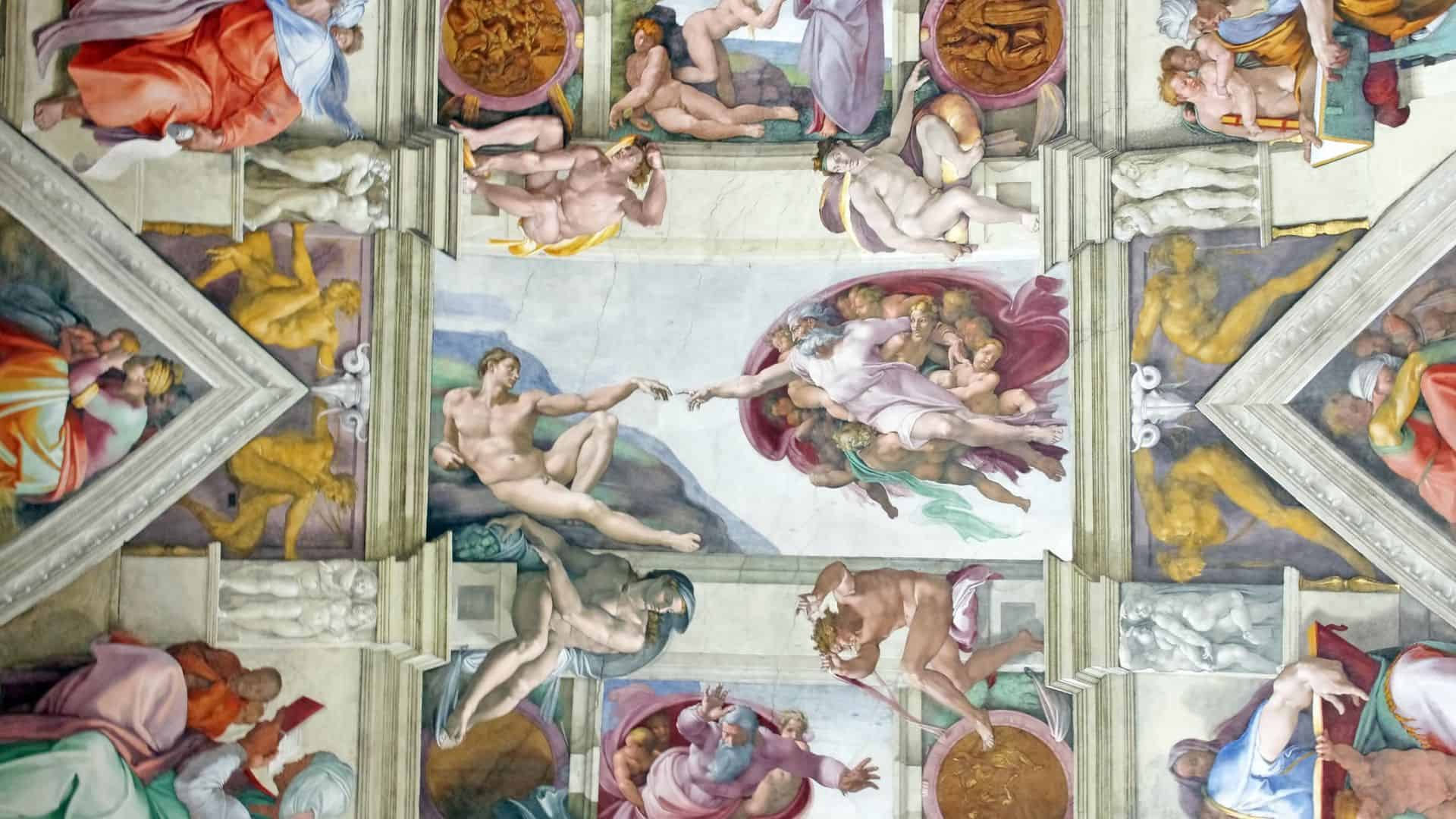 Michelangelo's masterpiece "The Creation of Adam" in the Sistine Chapel in vatican City, Rome.