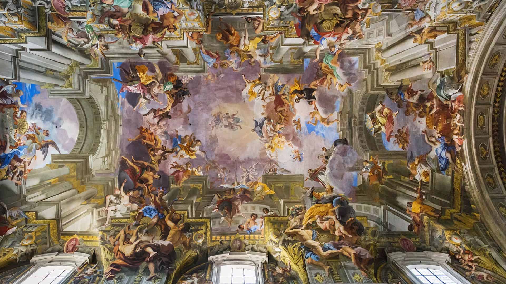 The painted trompe d'oeil ceiling at the church of St. Ignatius