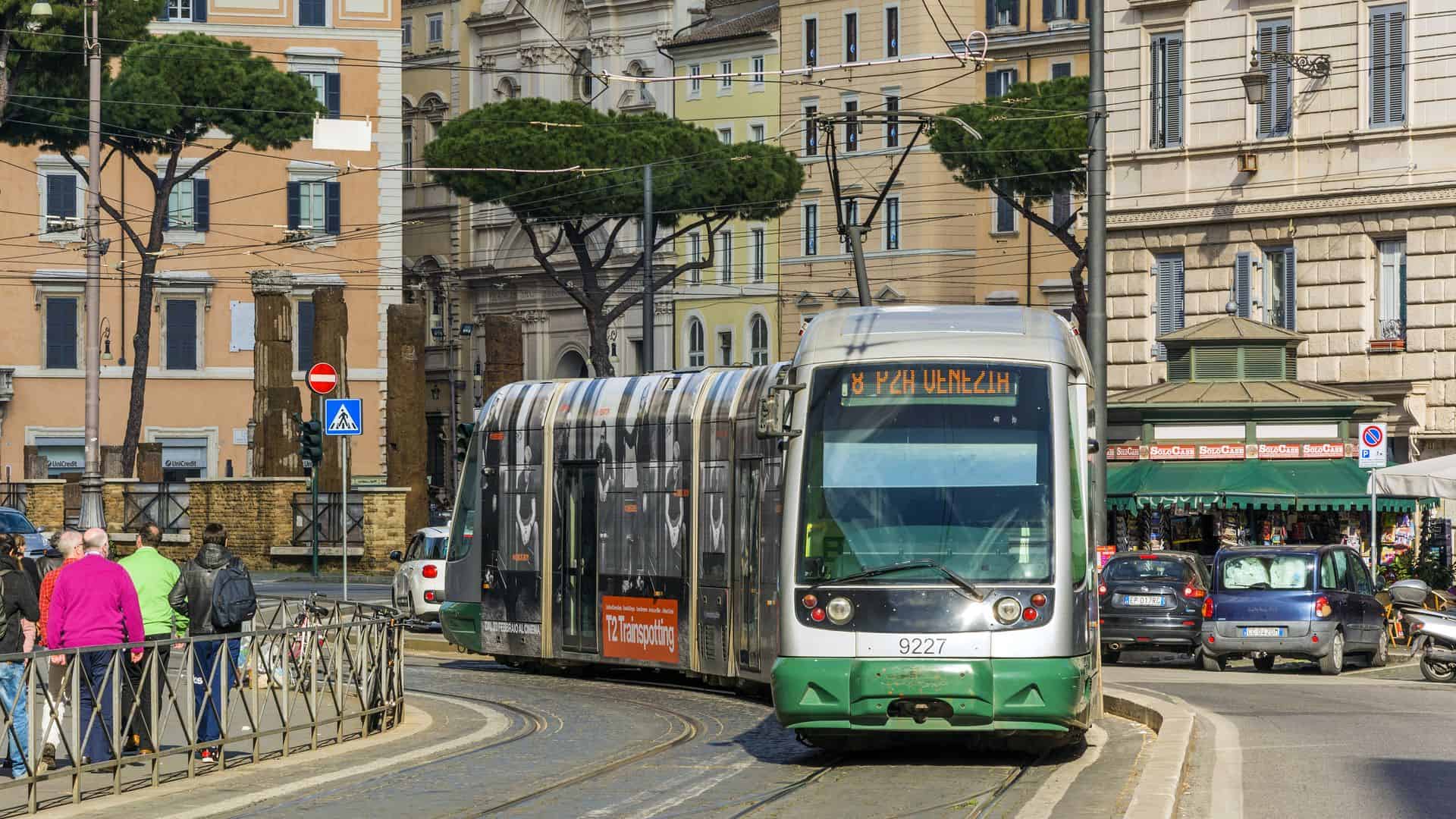Tram moving in Largo Argentina in Rome, Italy.
